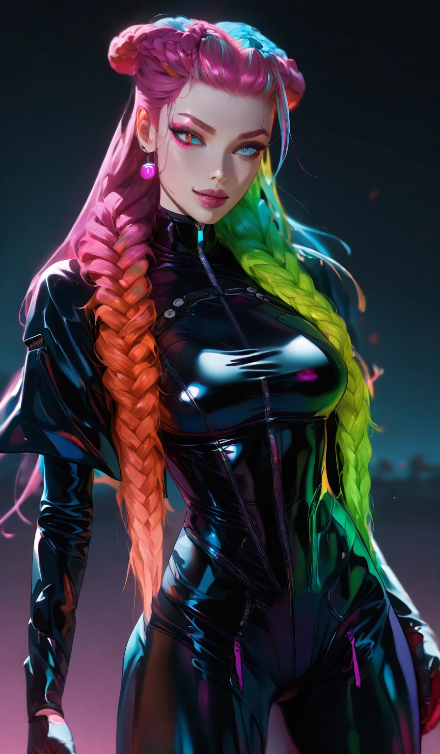 "A futuristic hairstyle featuring intricately braided hair with multiple vibrant colors blending seamlessly. The hairstyle...