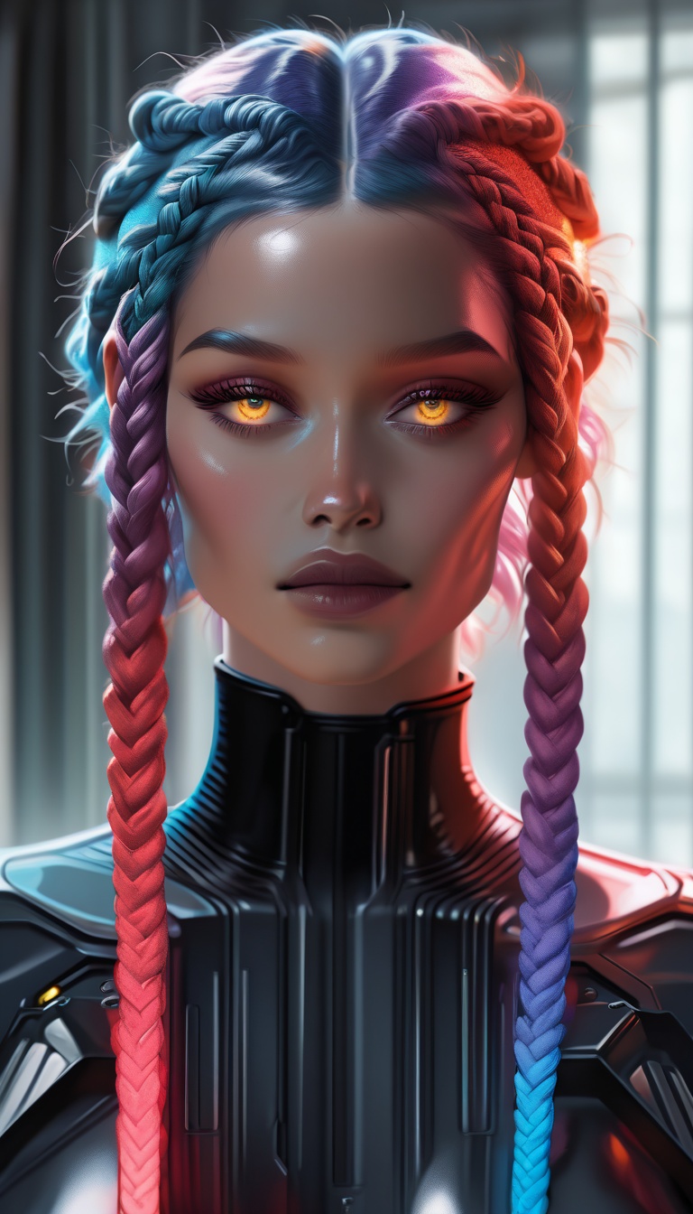 "A futuristic hairstyle featuring intricately braided hair with multiple vibrant colors blending seamlessly. The hairstyle...