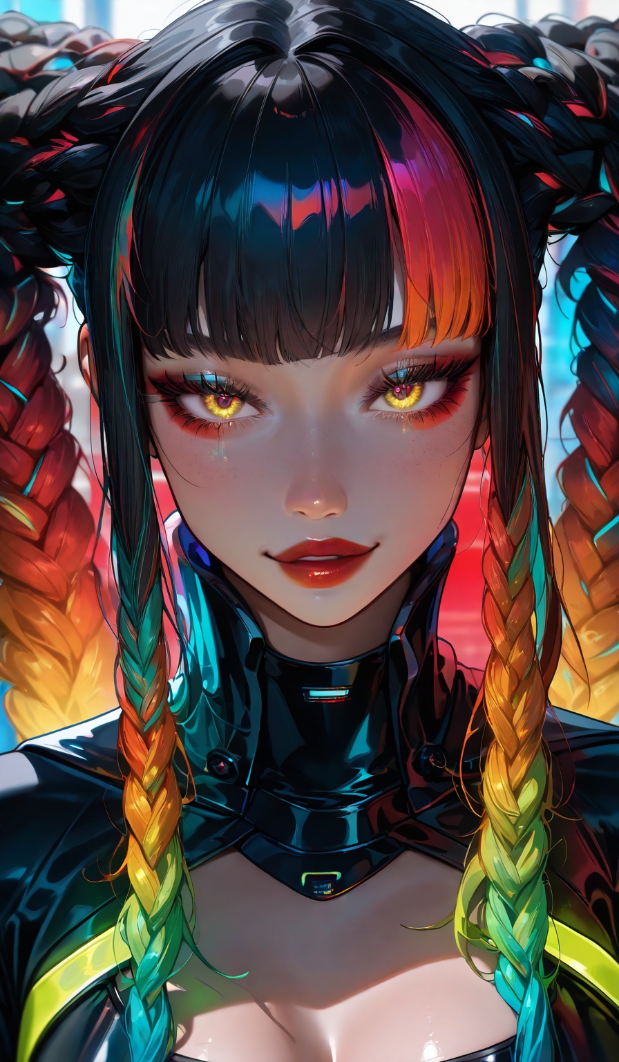 "A futuristic hairstyle featuring intricately braided hair with multiple vibrant colors blending seamlessly. The hairstyle...