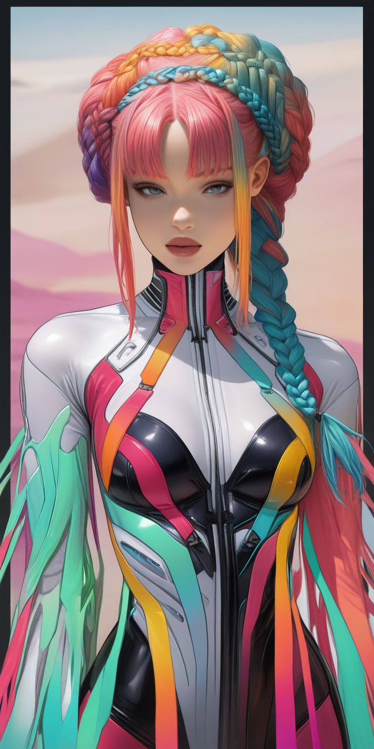 "A futuristic hairstyle featuring intricately braided hair with multiple vibrant colors blending seamlessly. The hairstyle...