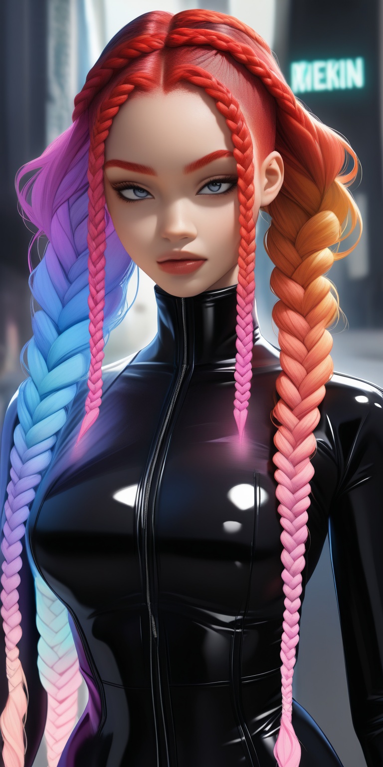 "A futuristic hairstyle featuring intricately braided hair with multiple vibrant colors blending seamlessly. The hairstyle...