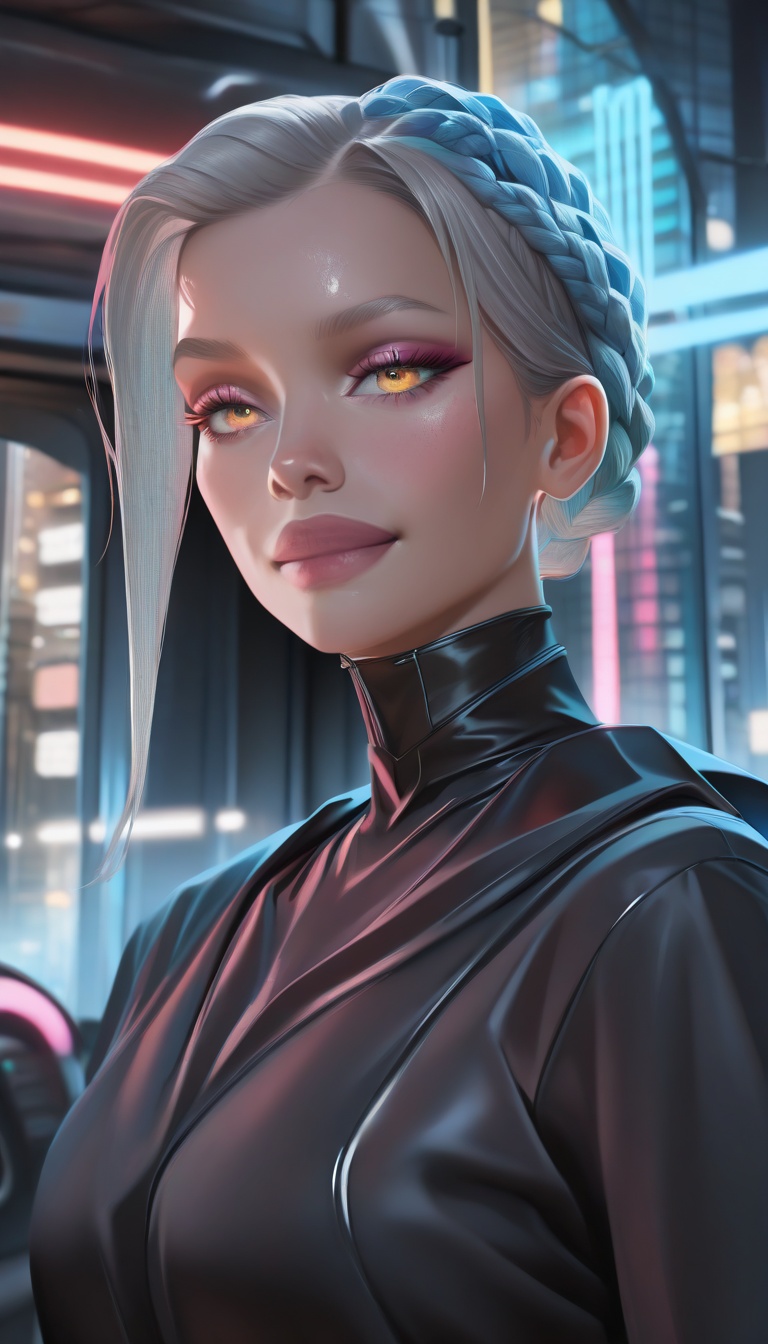 "A futuristic hairstyle featuring intricately braided hair with multiple vibrant colors blending seamlessly. The hairstyle...