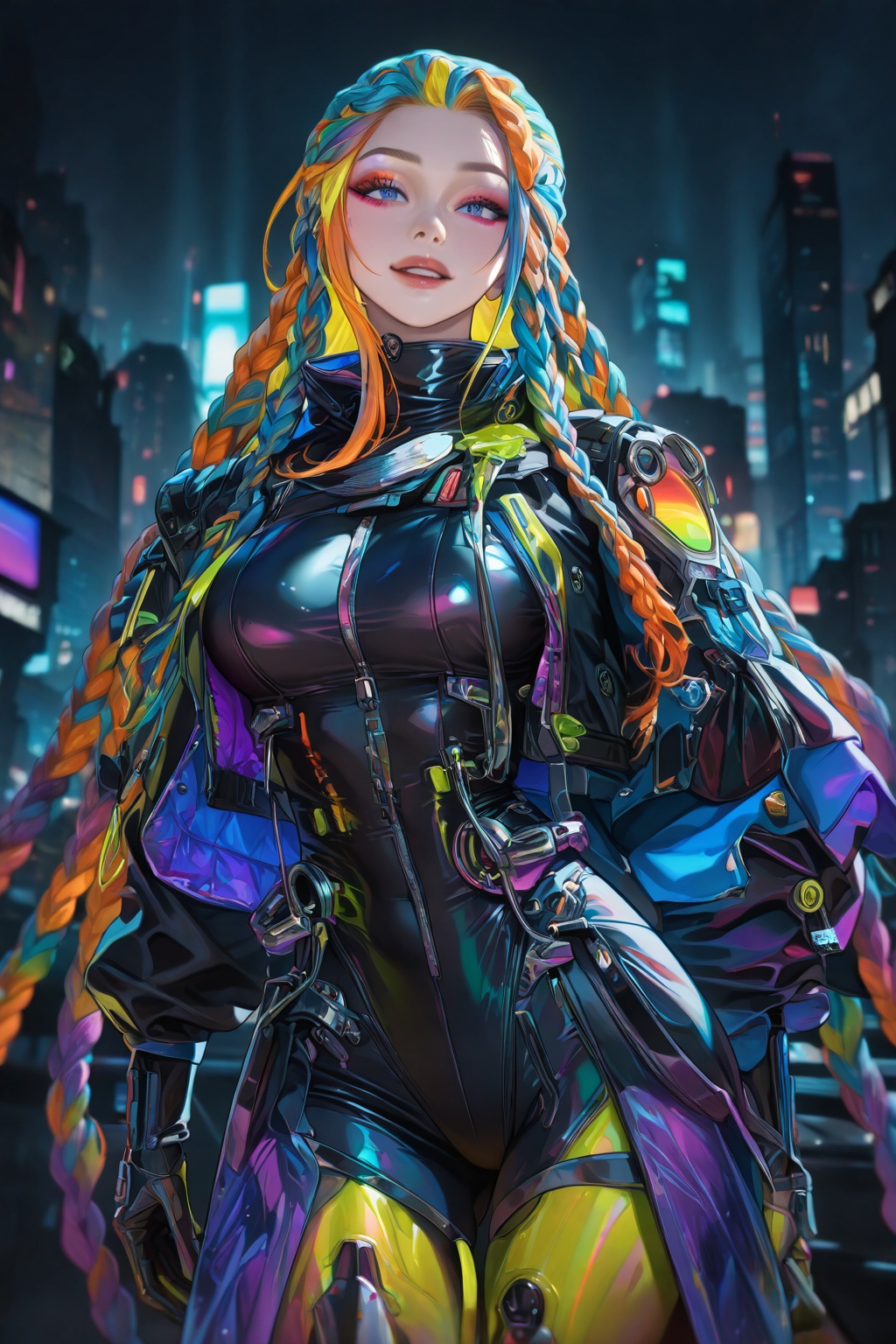 "A futuristic hairstyle featuring intricately braided hair with multiple vibrant colors blending seamlessly. The hairstyle...