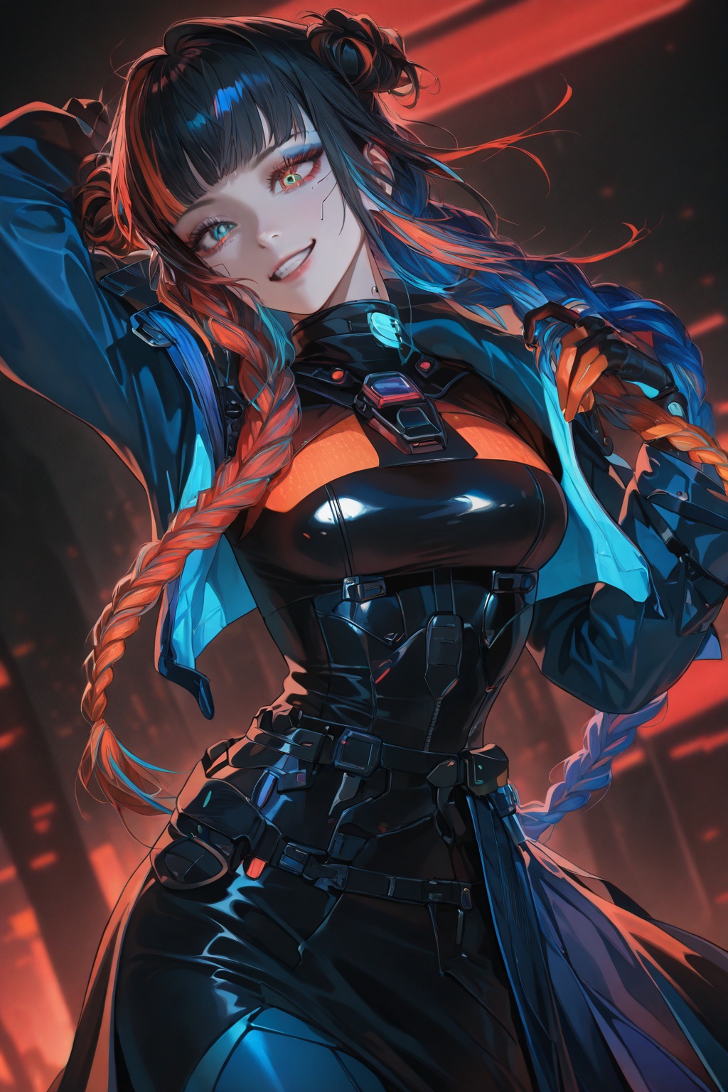 "A futuristic hairstyle featuring intricately braided hair with multiple vibrant colors blending seamlessly. The hairstyle...