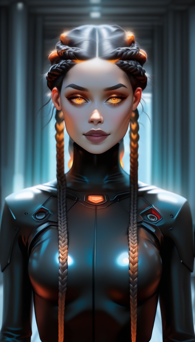 "A futuristic hairstyle featuring intricately braided hair with multiple vibrant colors blending seamlessly. The hairstyle...