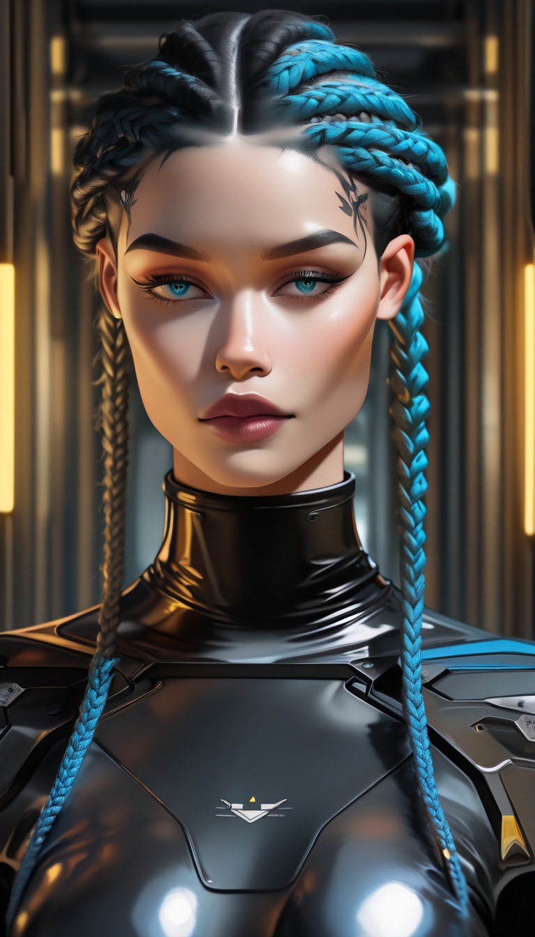 "A futuristic hairstyle featuring intricately braided hair with multiple vibrant colors blending seamlessly. The hairstyle...