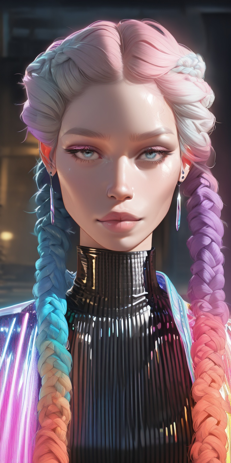 "A futuristic hairstyle featuring intricately braided hair with multiple vibrant colors blending seamlessly. The hairstyle...