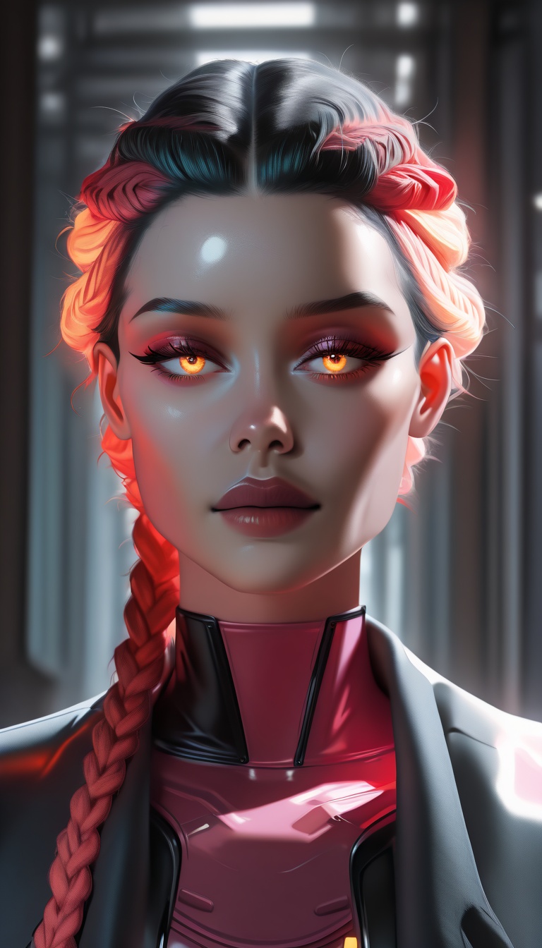 "A futuristic hairstyle featuring intricately braided hair with multiple vibrant colors blending seamlessly. The hairstyle...