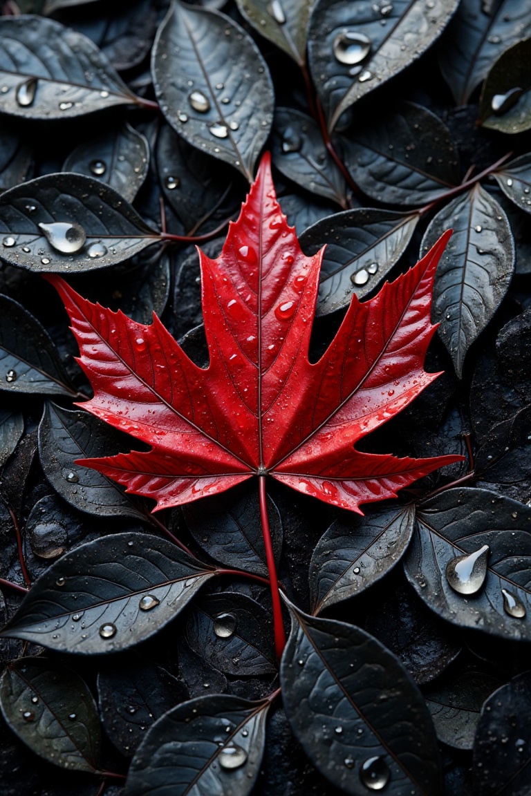 Create an image of a collection of dark black leaves scattered across a surface,  each glistening with droplets of water....
