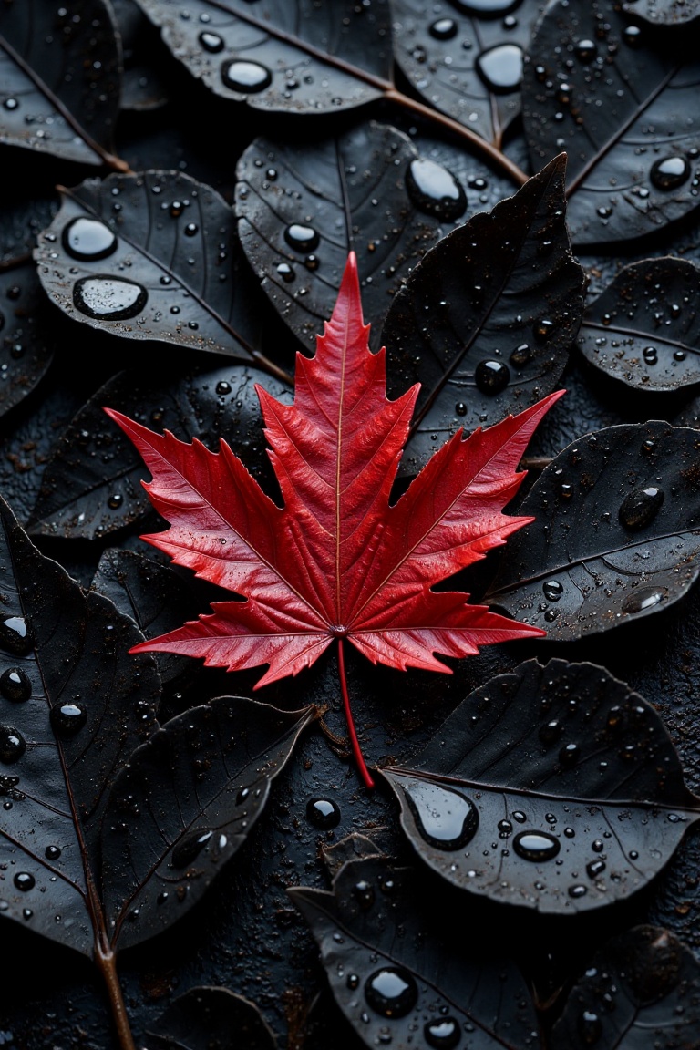 Create an image of a collection of dark black leaves scattered across a surface,  each glistening with droplets of water....