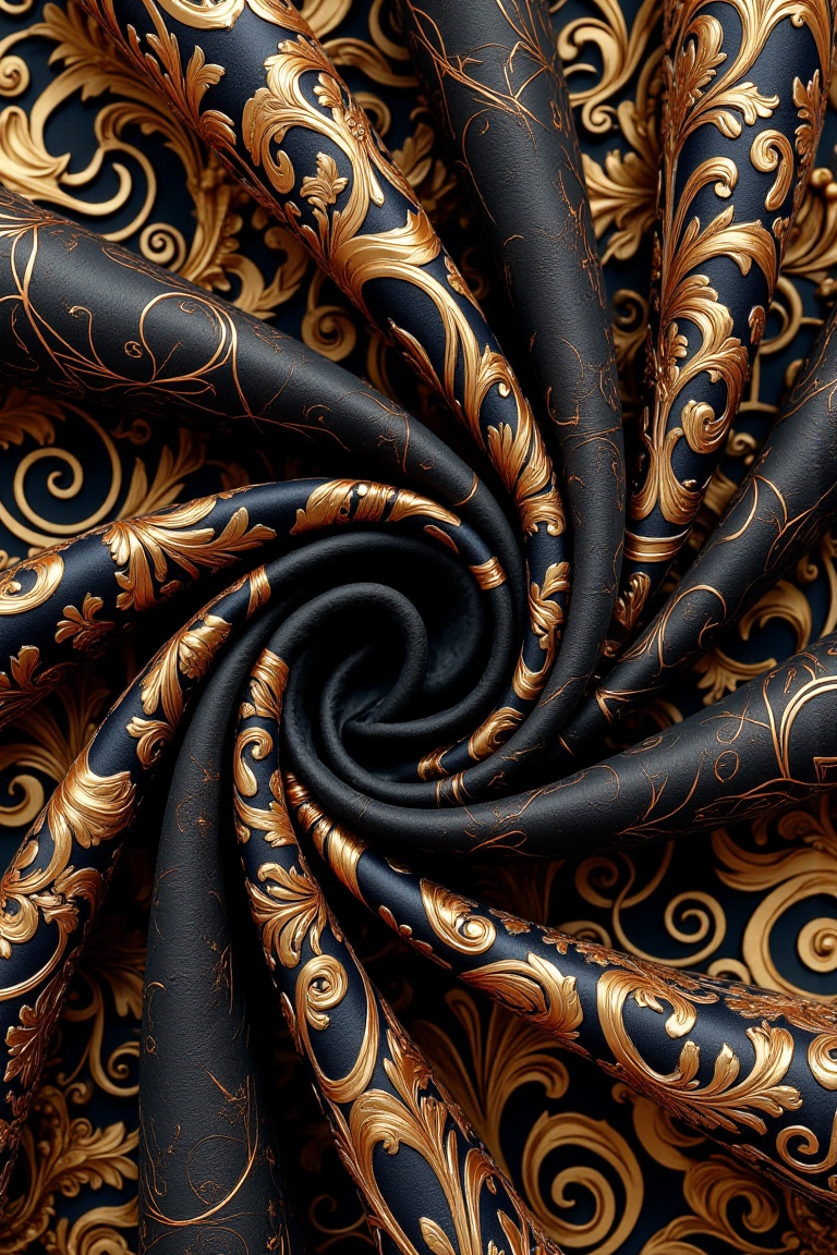 A luxurious draped fabric with intricate baroque-style patterns,  featuring deep black as the base color,  accented with g...