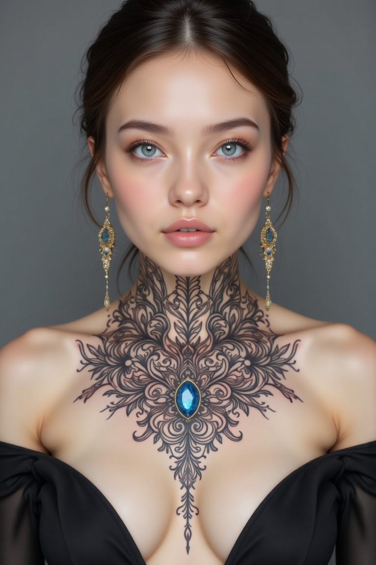 A stunning young woman with porcelain skin and striking blue eyes,  her soft brown hair elegantly pulled back with delicat...