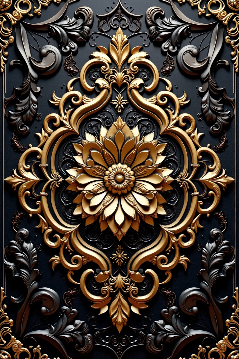 An intricately embossed golden mandala design on a deep black background,  featuring a symmetrical floral pattern with int...