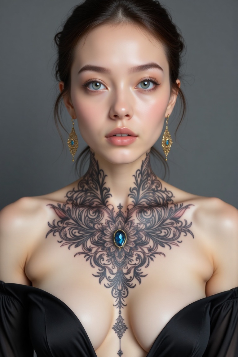 A stunning young woman with porcelain skin and striking blue eyes,  her soft brown hair elegantly pulled back with delicat...