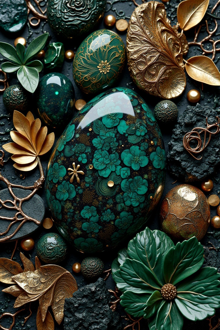 A surreal close-up composition of polished,  organic stones and leaf-like textures in deep shades of green and black. The...