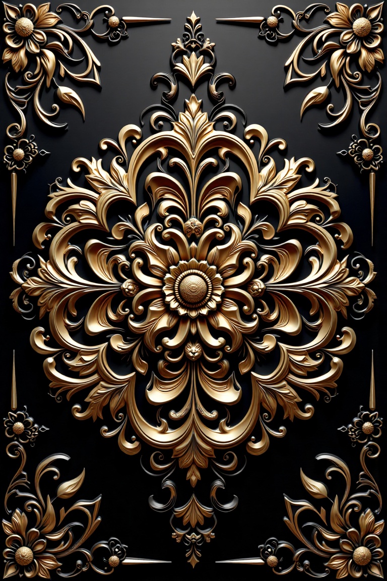An intricately embossed golden mandala design on a deep black background,  featuring a symmetrical floral pattern with int...