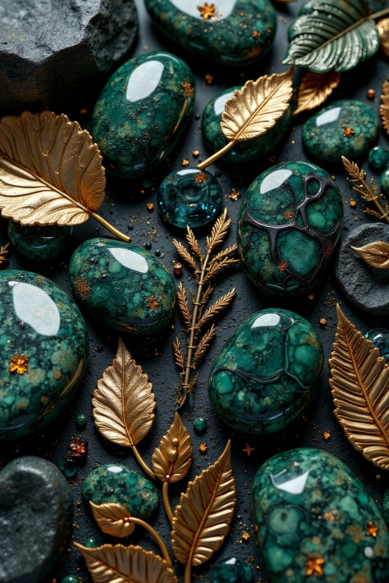 A surreal close-up composition of polished,  organic stones and leaf-like textures in deep shades of green and black. The...