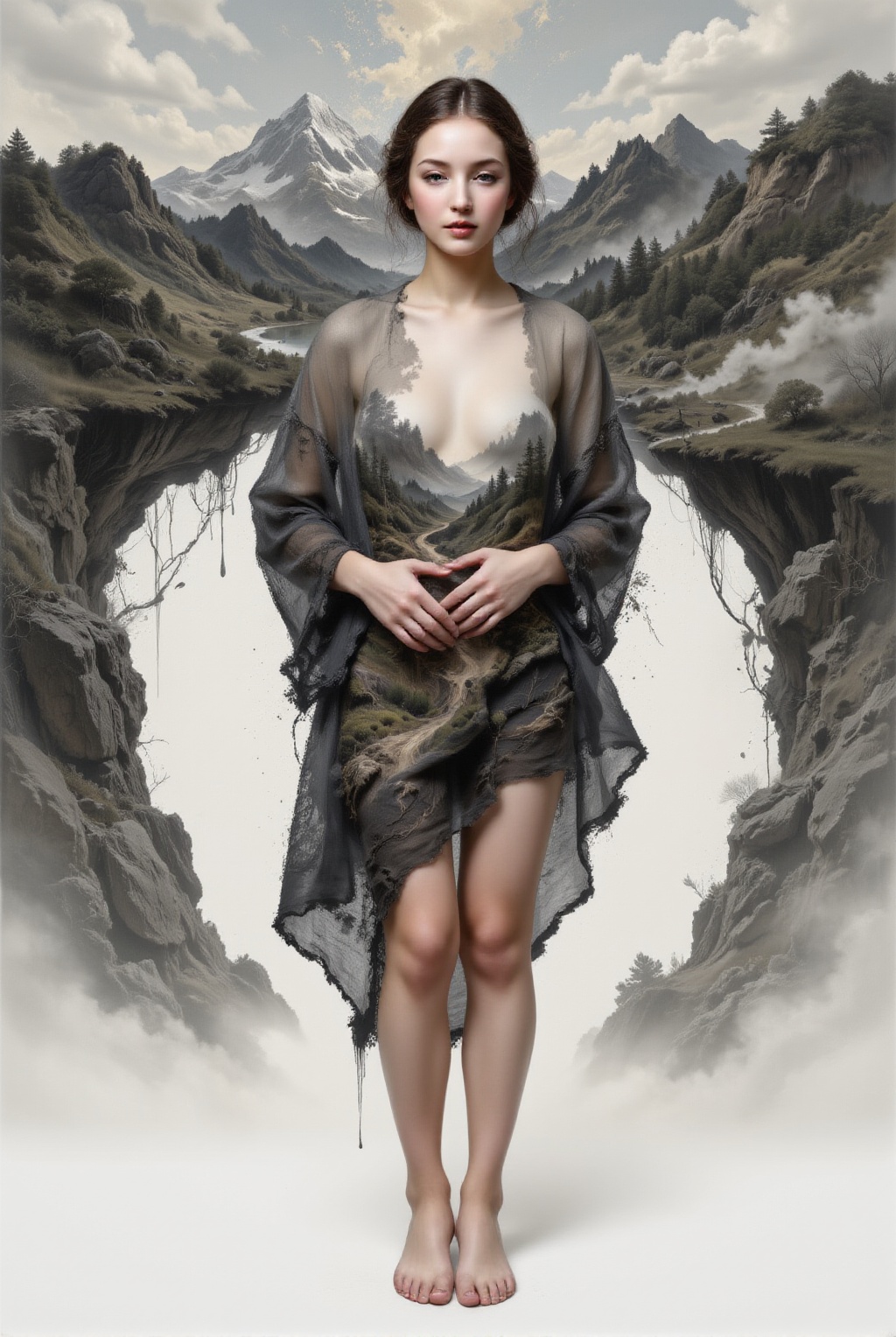 Surreal digital illustration painting in the style of Asa CHEN,  Mystical beauty stands barefoot,  shrouded in charcoal pe...