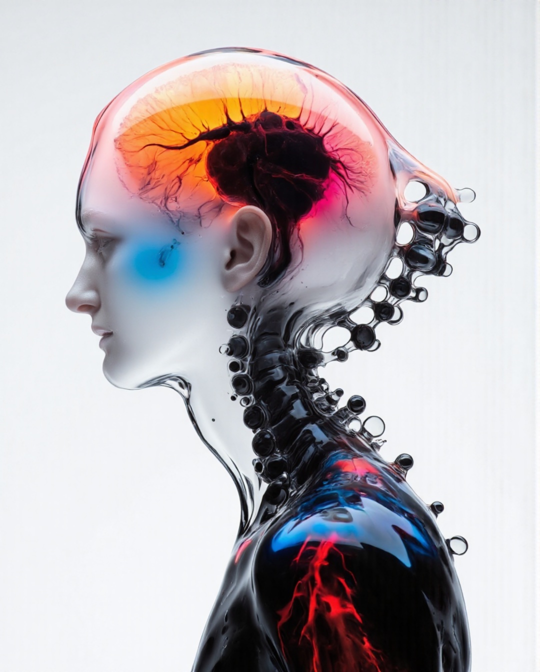 The image depicts a highly stylized and abstract human female figure composed of neon translucent fluid,  translucent mate...