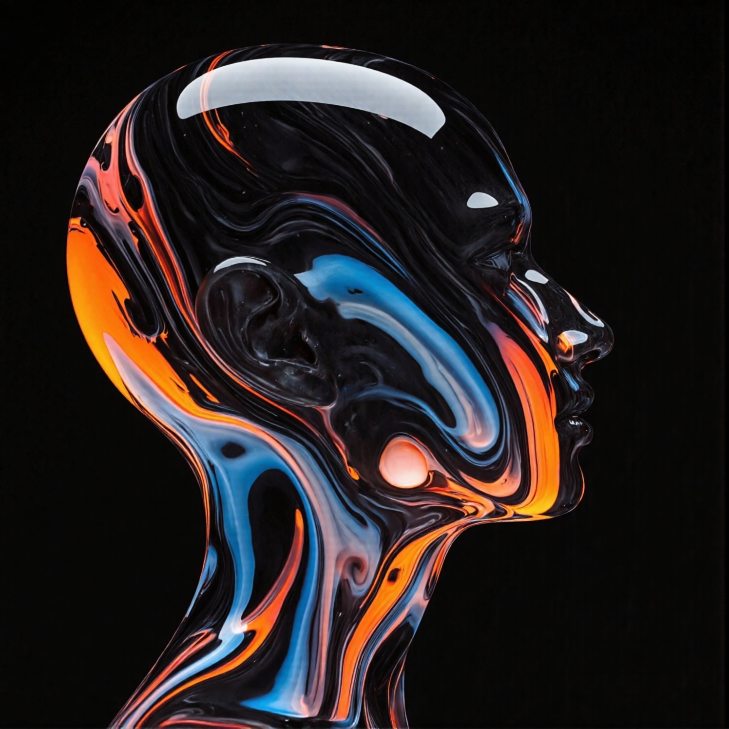 Close-up shot of a mesmerizing,  metallic-human fusion against a dark background. Vibrant swirling colors dance across the...