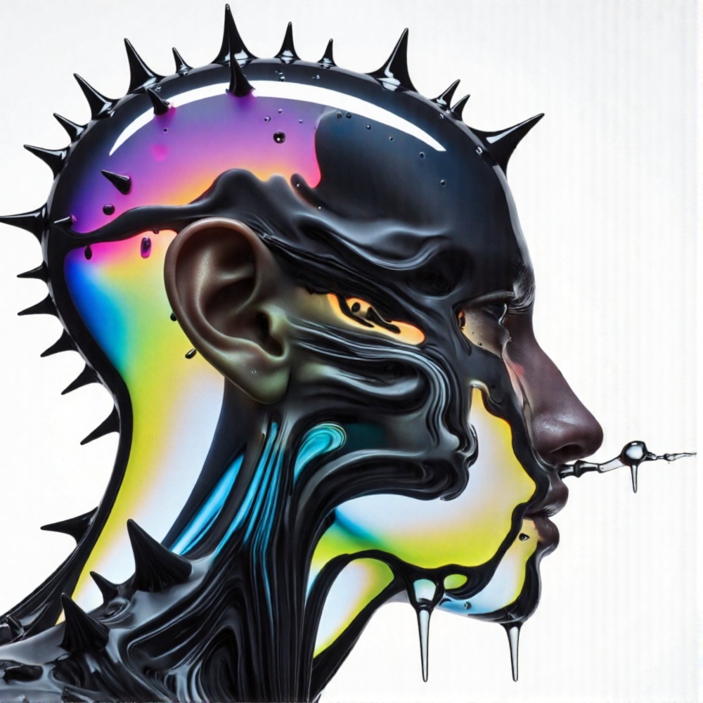 A far away apraoching cybernetically enhanced humanoid figure stands within a stark white studio backdrop,  framed by shar...