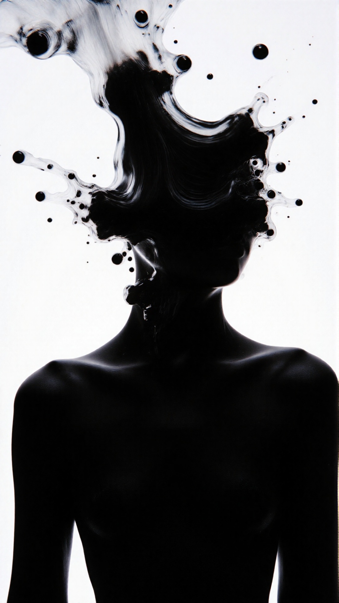 A high-resolution photo of a French supermodel with a partly semitransparent silhouette against a vibrant white background...