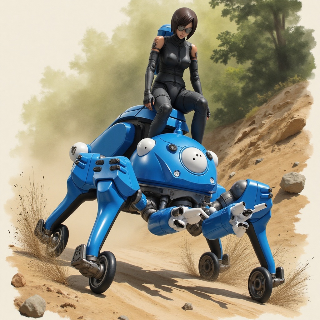 Anime of Tachikoma,  Major Motoko Kusanagi sitting on the top,  high-speed chase on Tensor.Art