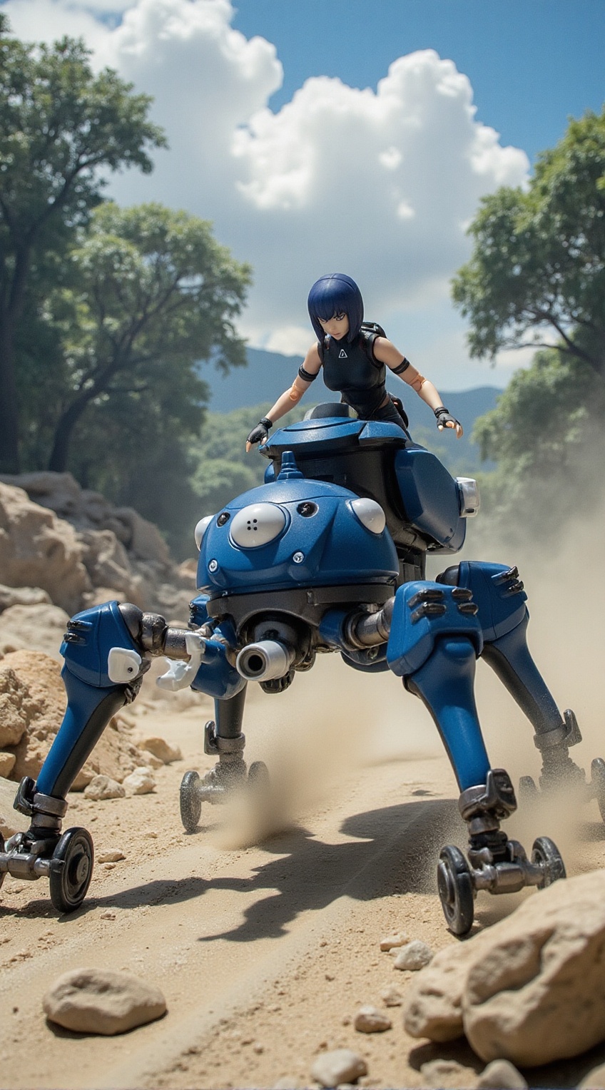 Anime of Tachikoma,  high-speed chase,  dusty forest trail on Tensor.Art