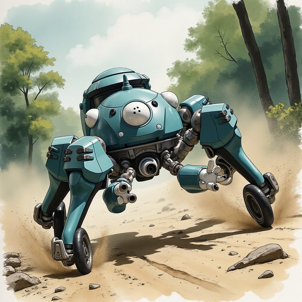 Anime of Tachikoma,  high-speed chase,  dusty forest trail on Tensor.Art