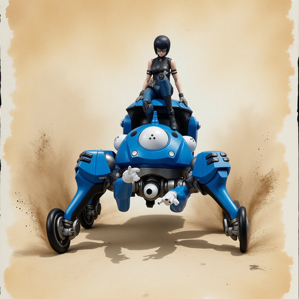 Anime of Tachikoma,  Major Motoko Kusanagi sitting on the top,  high-speed chase on Tensor.Art