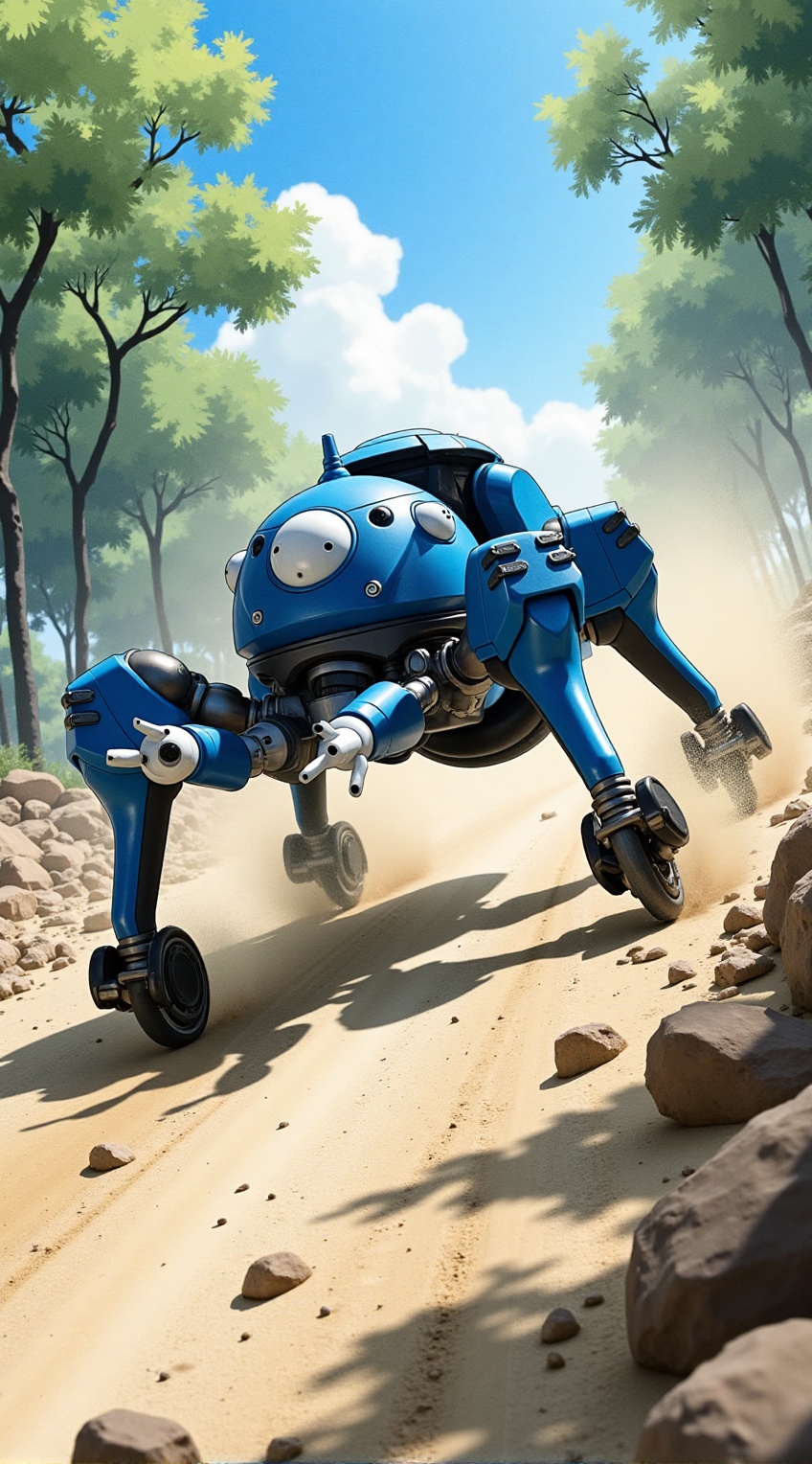 Anime of Tachikoma,  high-speed chase,  dusty forest trail on Tensor.Art