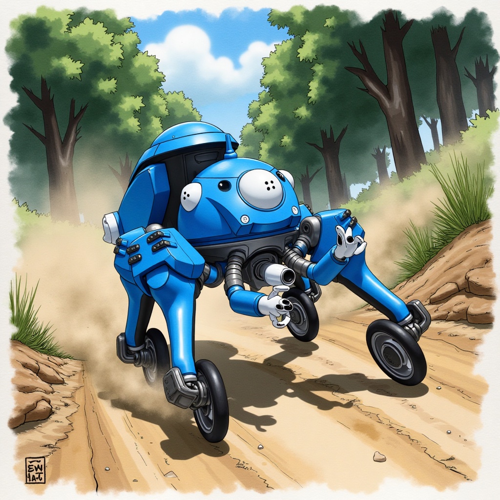 Anime of Tachikoma,  high-speed chase,  dusty forest trail on Tensor.Art