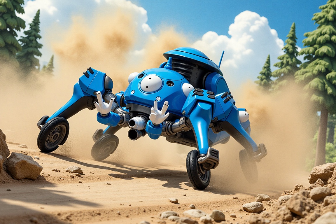 Anime of Tachikoma,  high-speed chase,  dusty forest trail on Tensor.Art