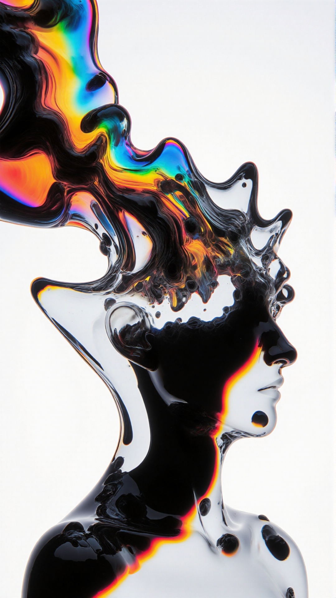 A high-resolution photo shows a supermodel with a partly semitransparent,  clear glass woman against a vibrant white backg...