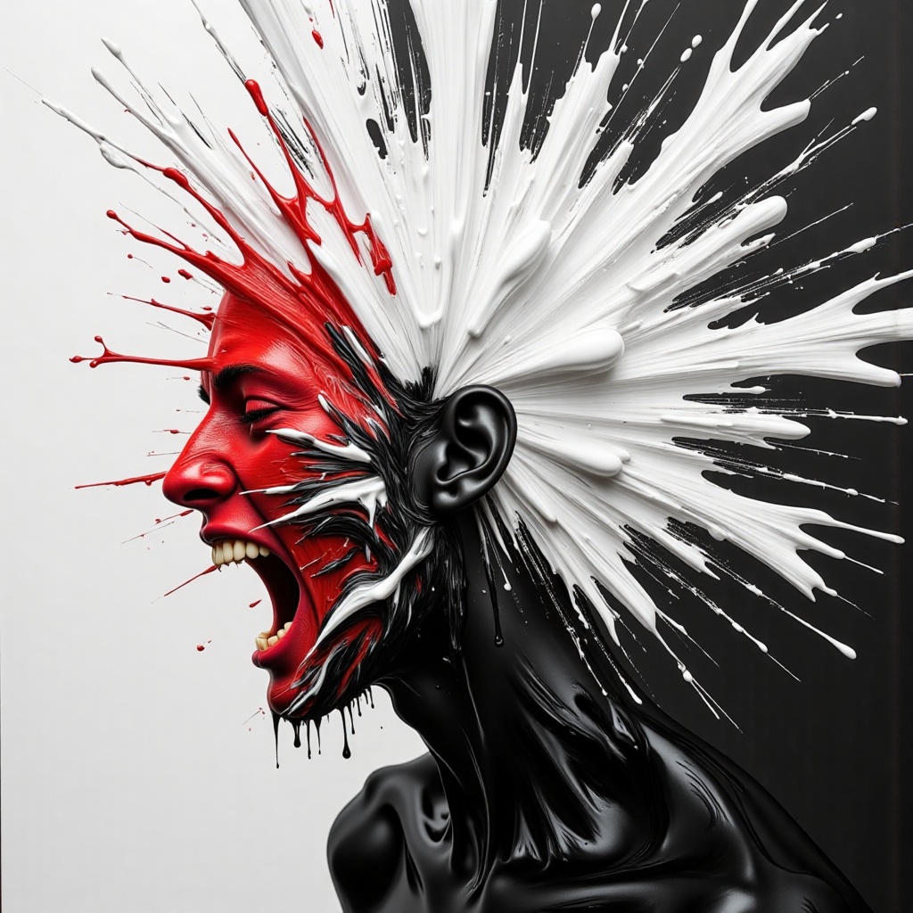 This artwork presents a figure in a state of intense emotional release,  with a scream accompanied by an explosion of whit...