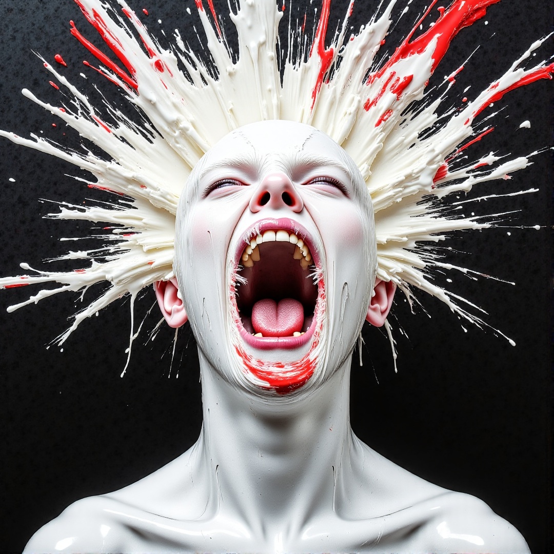 This artwork presents a figure in a state of intense emotional release,  with a scream accompanied by an explosion of whit...