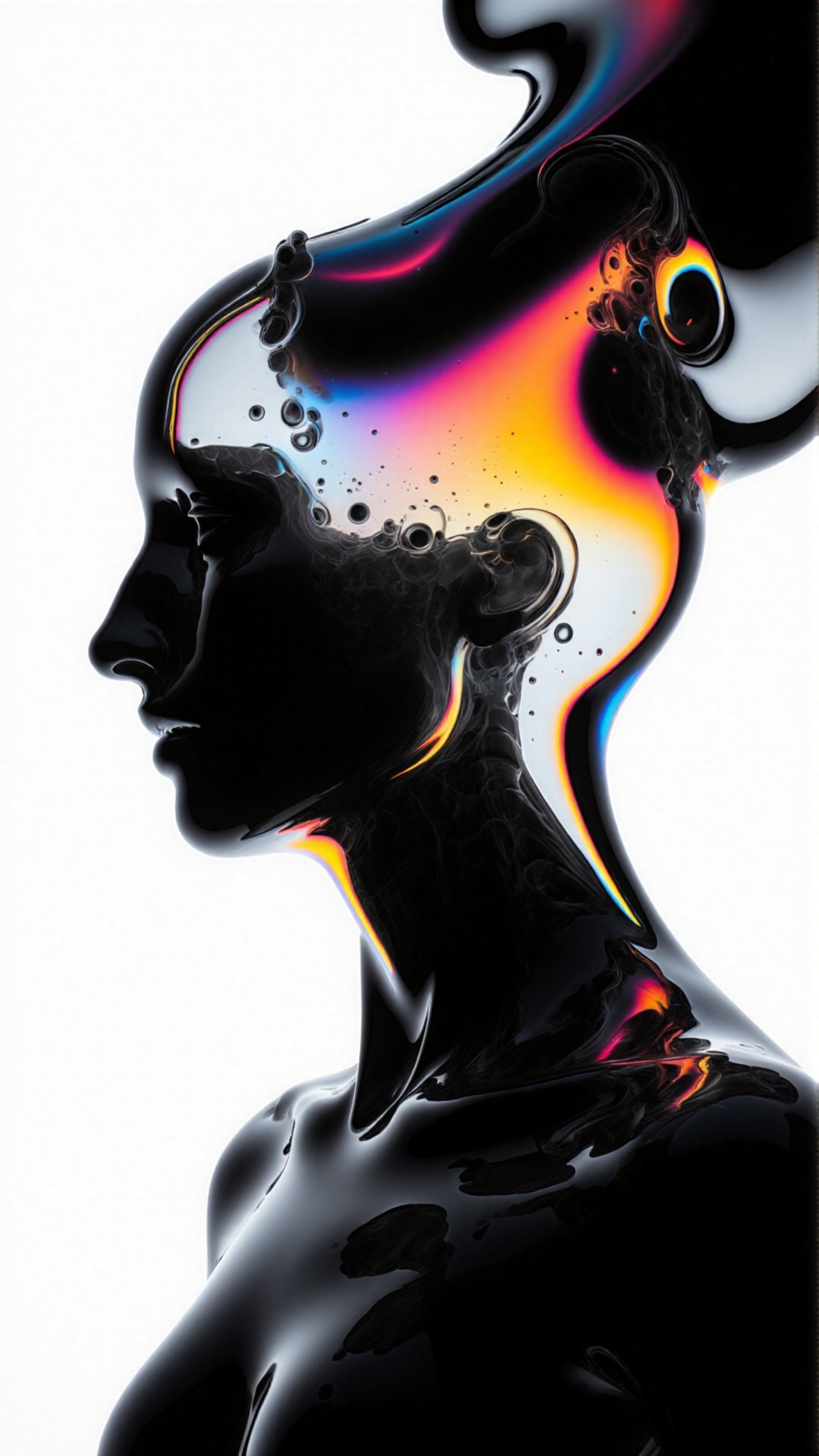 A high-resolution close-up portrait captures a skeletal head with a partly semitransparent silhouette against a vibrant wh...
