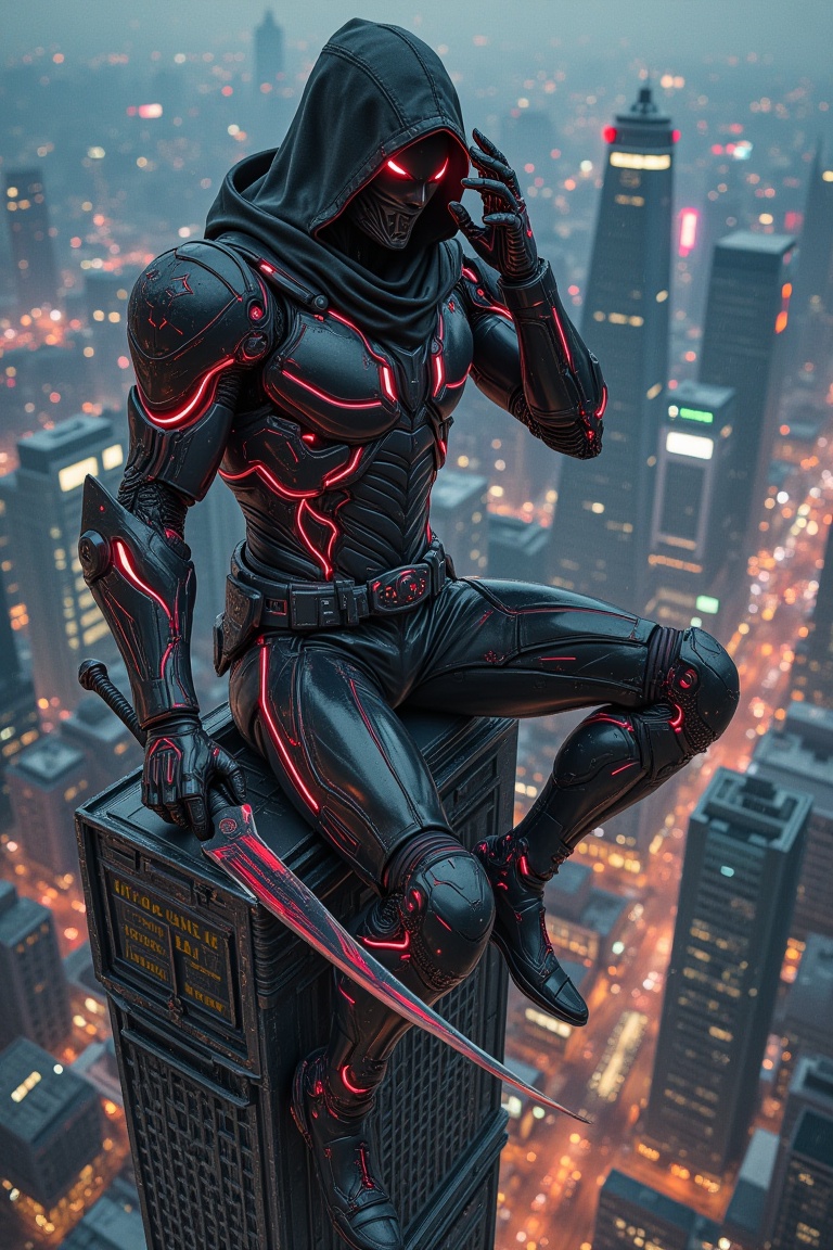 "A high-tech cyborg assassin perches on the edge of a skyscraper,  knees bent in a poised stance,  ready to strike. Their...