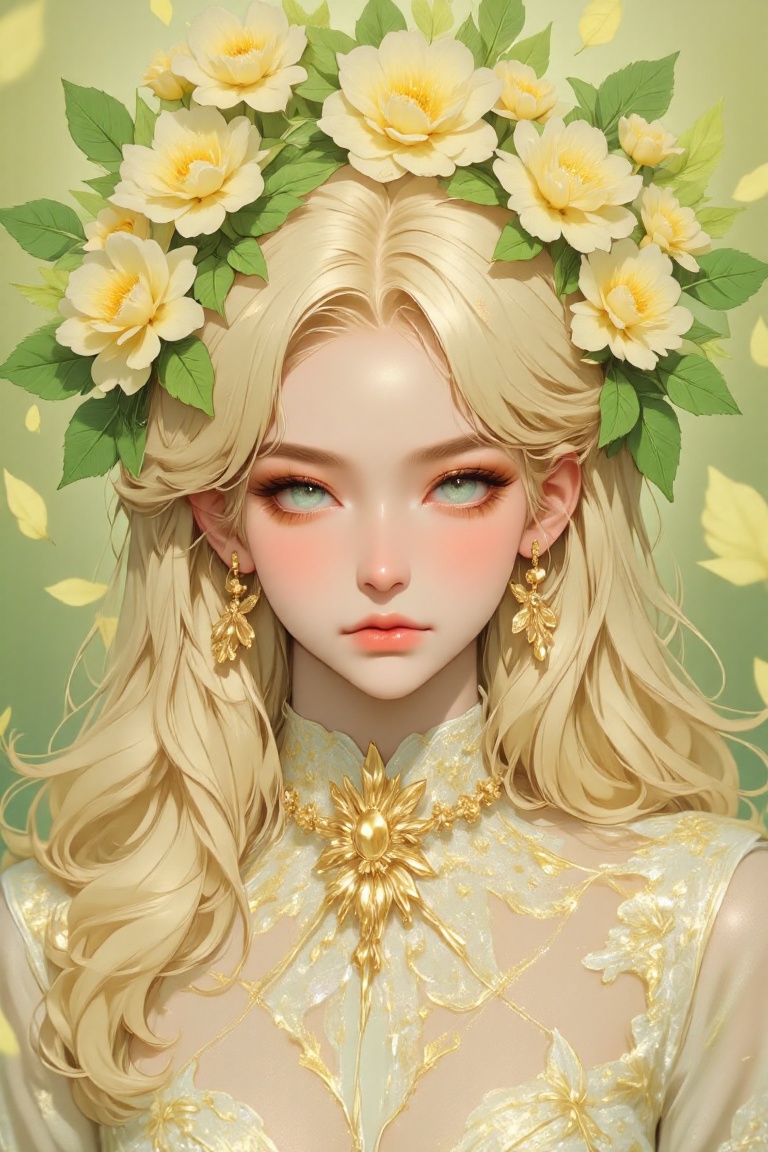 The image depicts a beautifully rendered female character with long,  flowing blonde hair adorned with a floral headpiece....
