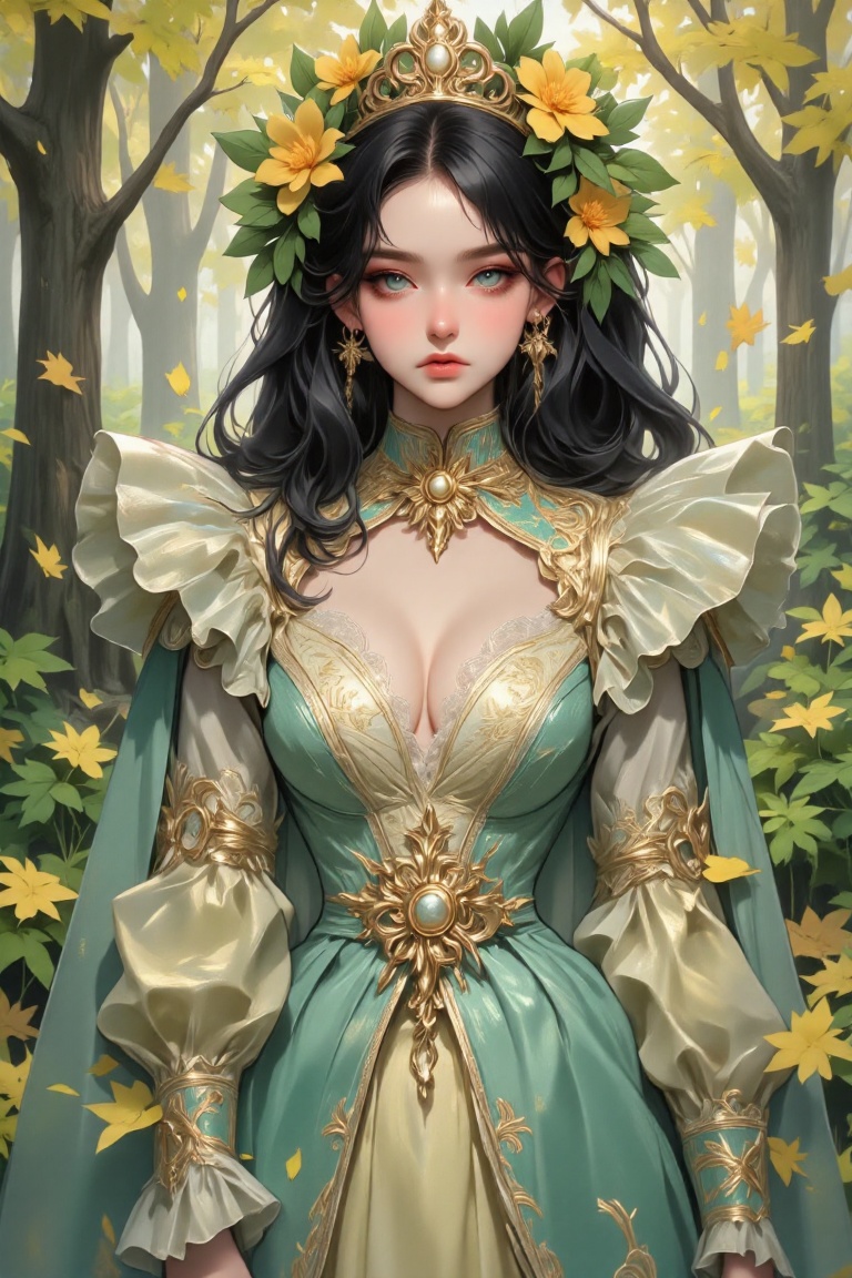 The image depicts a serene and ethereal scene with a woman standing in a forest. She is adorned in an elegant gown that fe...