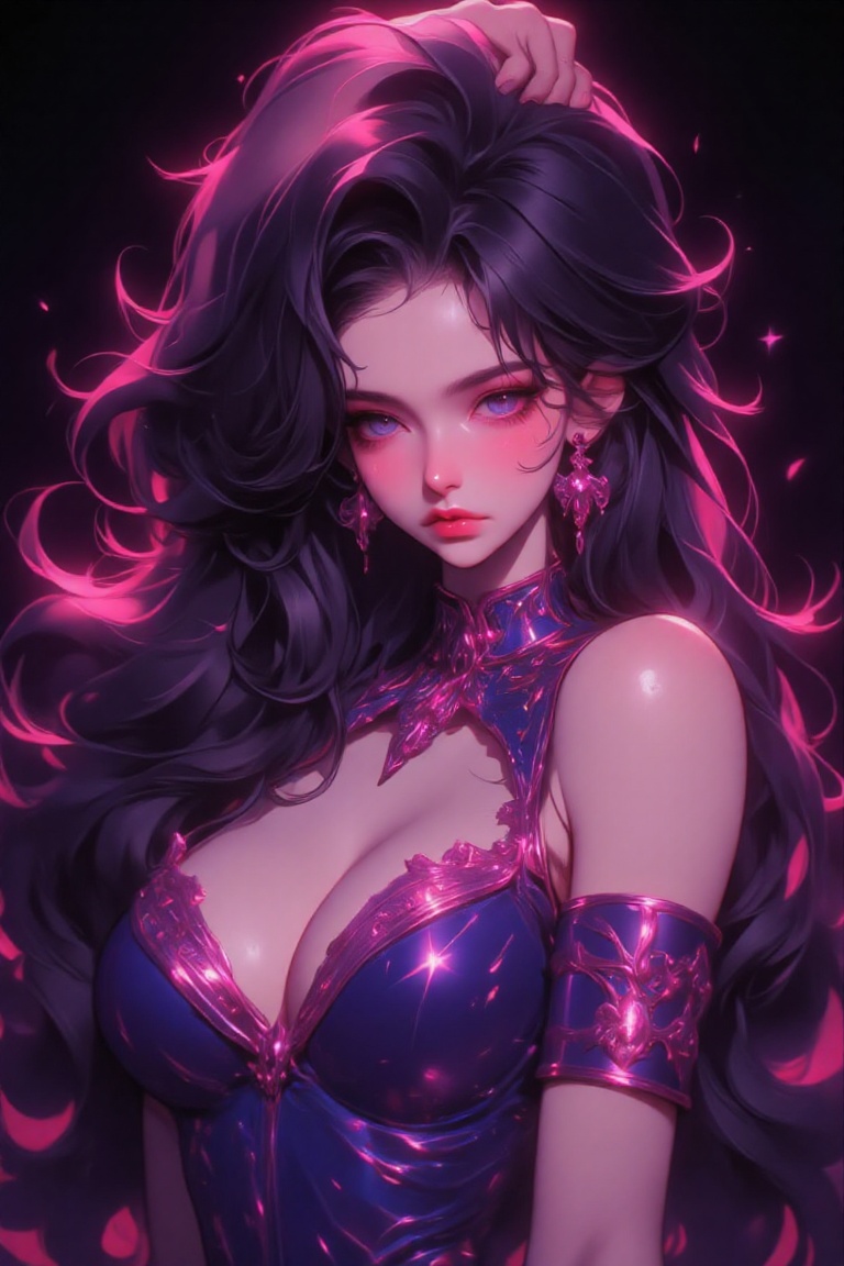 The image depicts a highly stylized and detailed digital artwork of a female character. She has long,  flowing black hair...