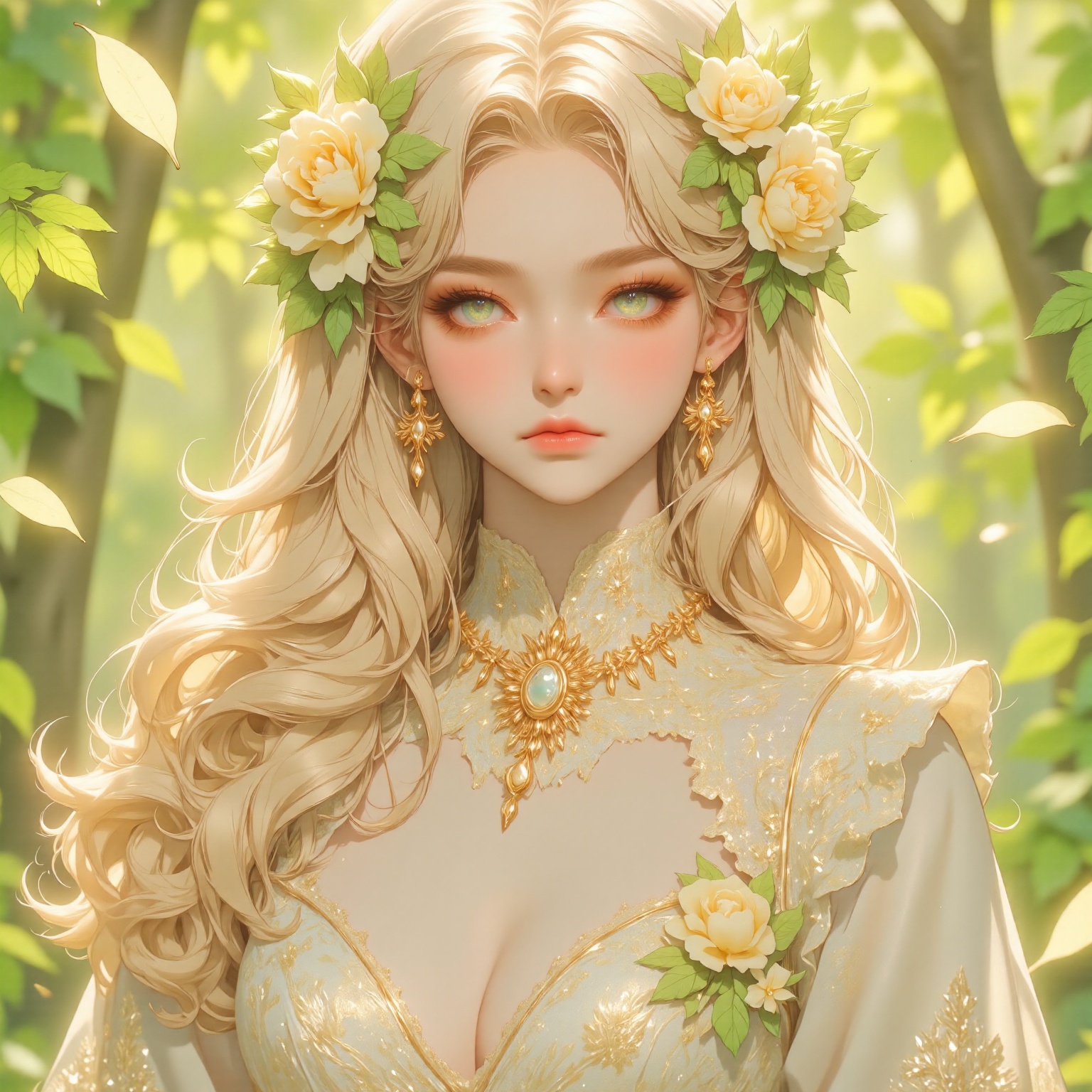 The image depicts a beautifully rendered female character with long,  flowing blonde hair adorned with a floral headpiece....
