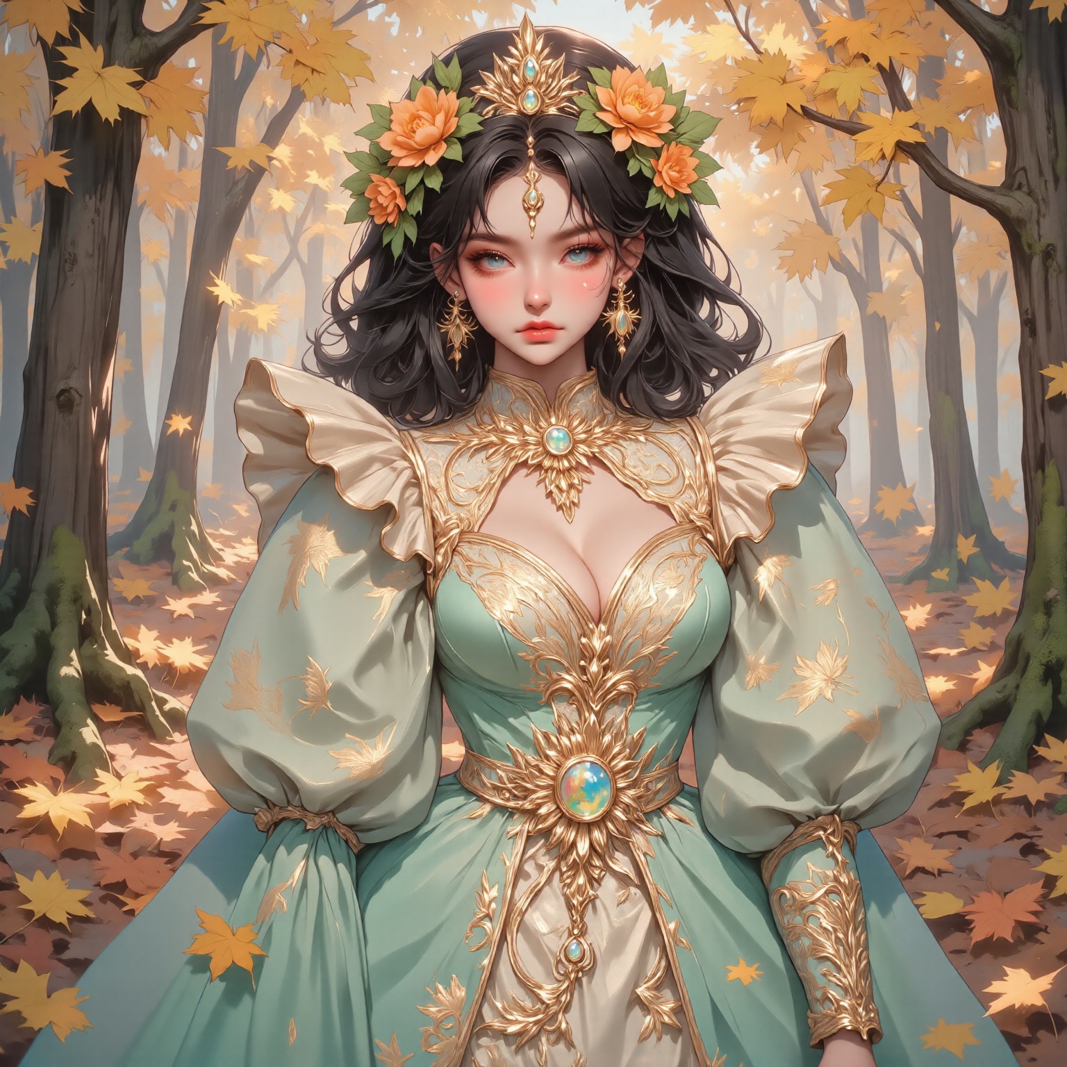 The image depicts a serene and ethereal scene with a woman standing in a forest. She is adorned in an elegant gown that fe...