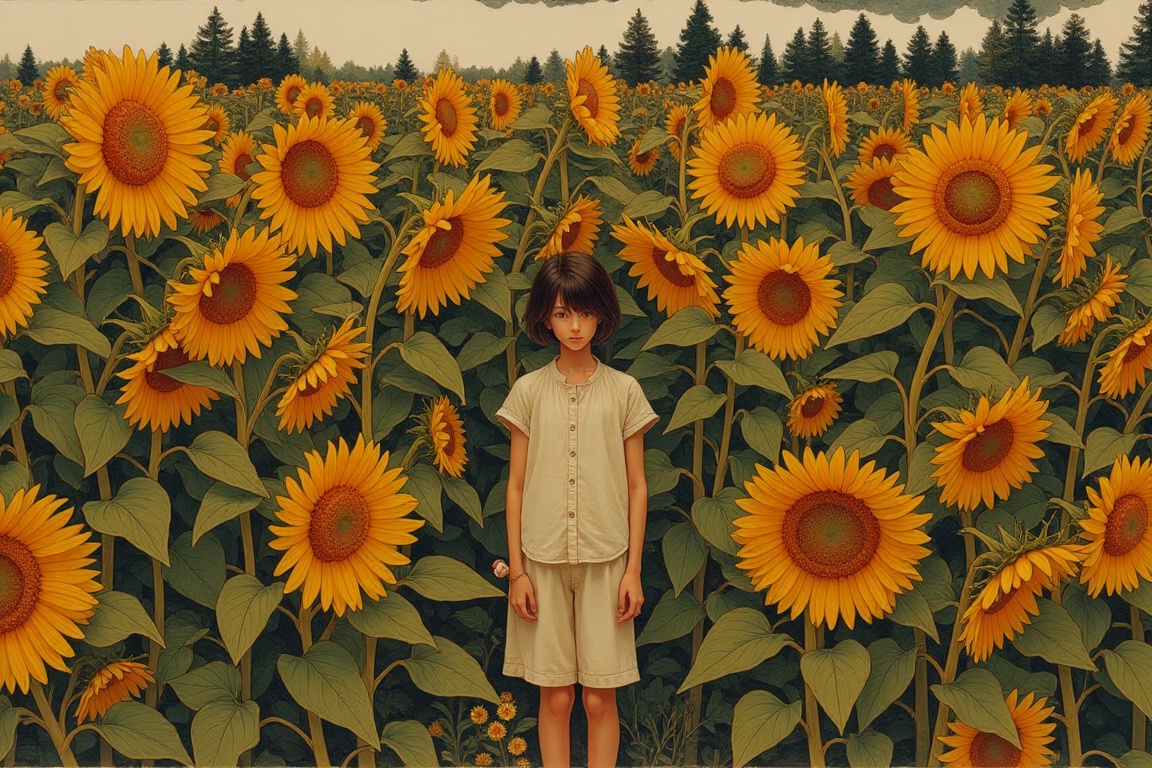 newest,  late,  field of sunflowers with their heads drooping on Tensor.Art