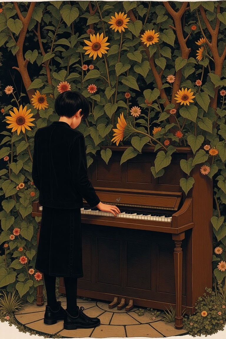 newest,  late,  a serene garden scene with a young person standing beside an old wooden piano. The individual is dressed i...