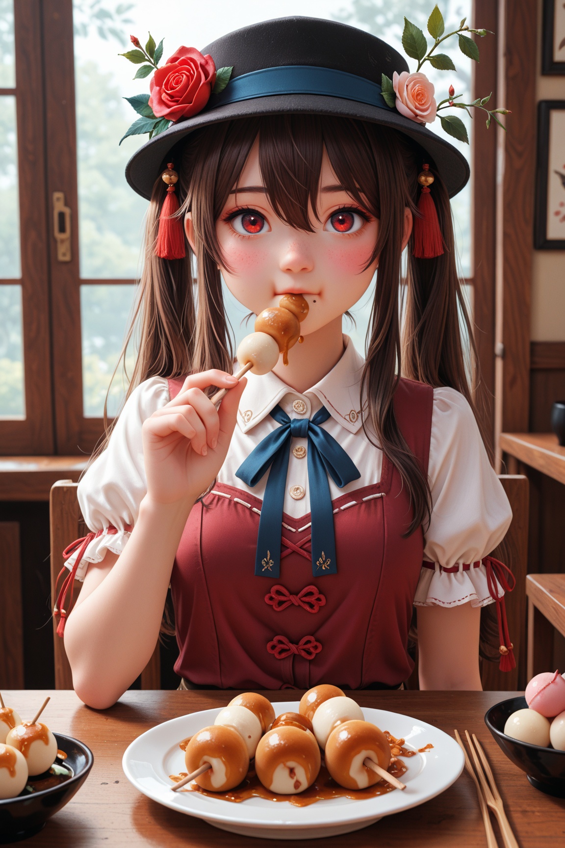 1girl,  food in mouth,  plate on Tensor.Art