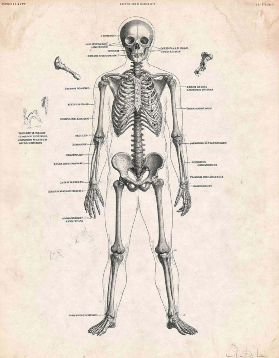 A human skeleton standing with its various bones labeled anatomicus on Tensor.Art