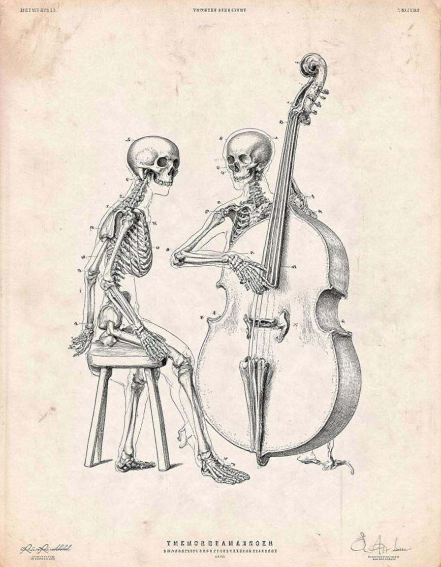 a sketch of a human skeleton playing jazz music on a double bass. The skeleton is sitting on a stool with the bass instrum...
