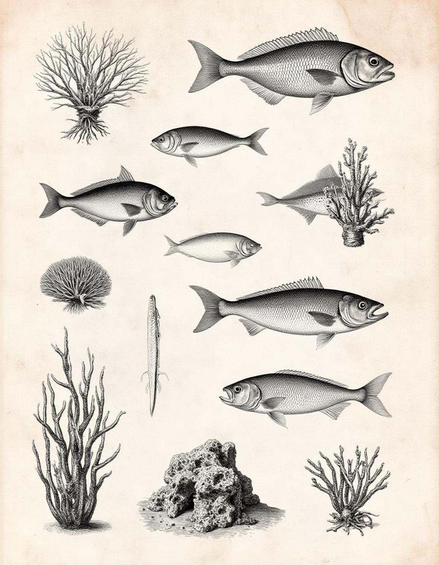 anatomica,  anatomicus,  An engraving-style illustration of various oceanic marine life on Tensor.Art
