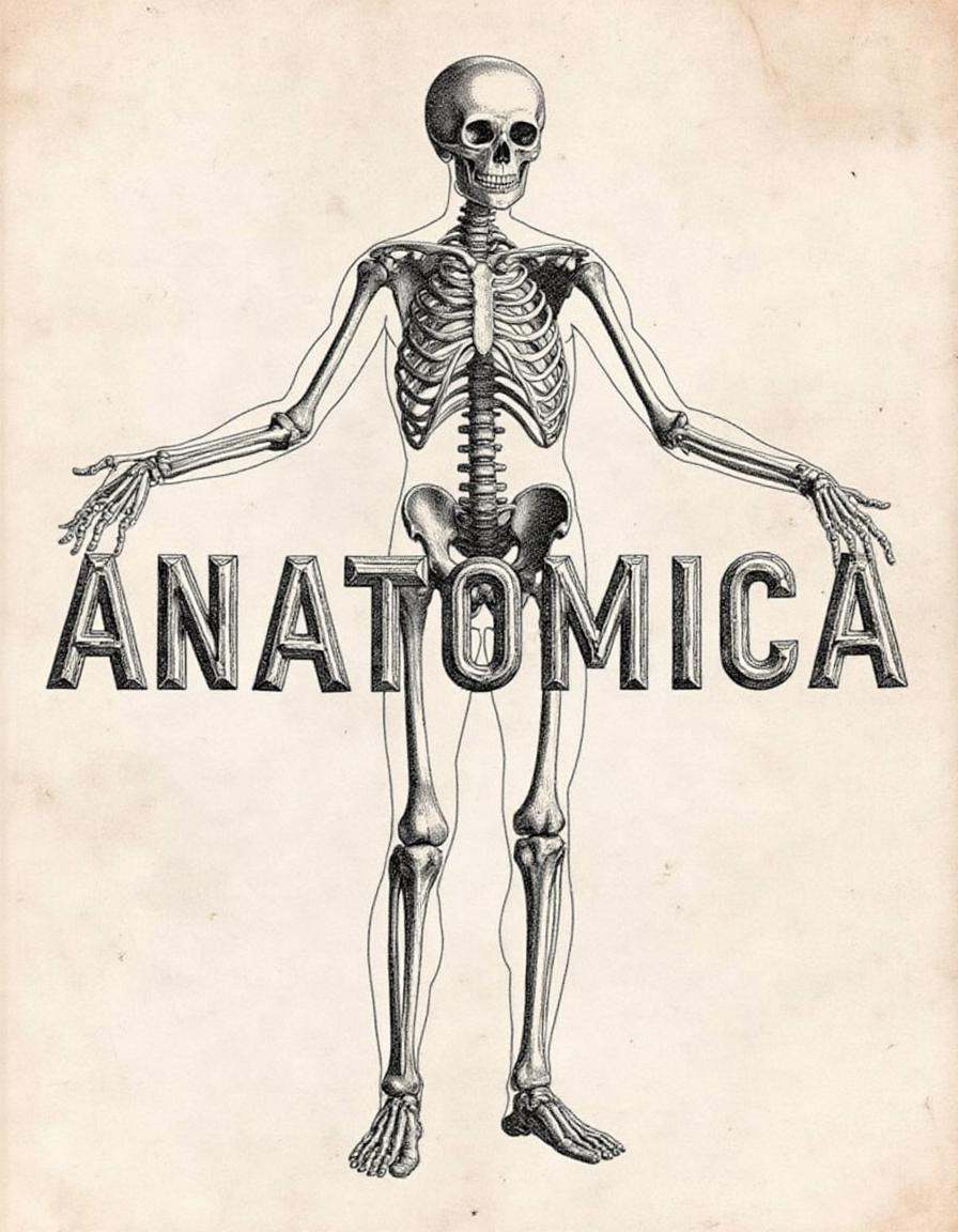 anatomica,  anatomicus,  An anatomy engraving style piece of art featuring a full human skeleton with labels and fine deta...